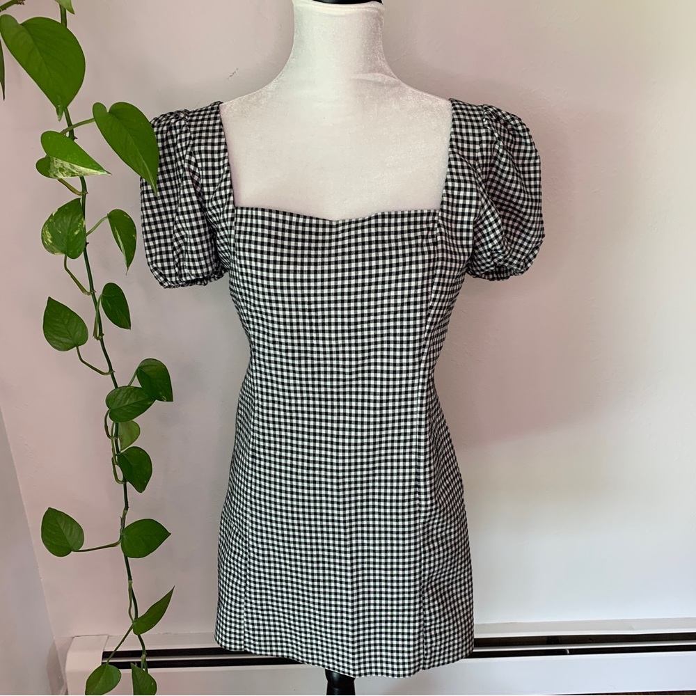 Zara Gingham Black & White Puff Sleeve Mini Dress Size L